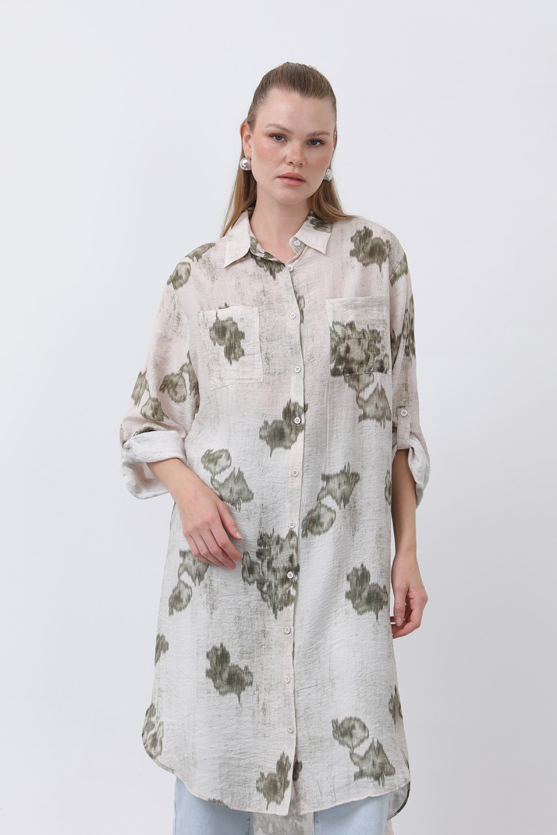 Women's Patterned Front Pocket Detailed Back Robe Long Tunic - 10678TUN Women's Patterned Front Pocket Detailed Back Robe Long Tunic - 10678TUN