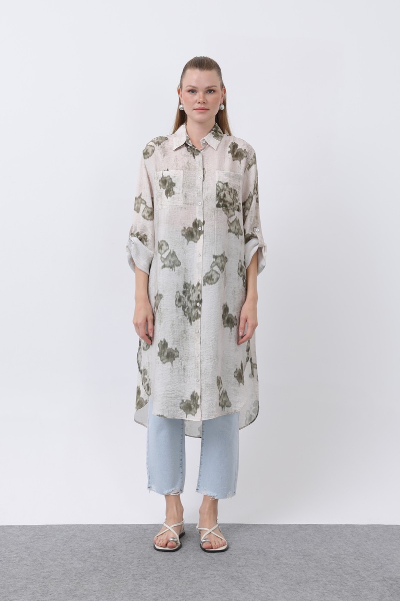 Women's Patterned Front Pocket Detailed Back Robe Long Tunic - 10678TUN Women's Patterned Front Pocket Detailed Back Robe Long Tunic - 10678TUN