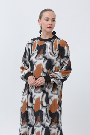 Women's Ribbed Collar Patterned Dress - 12606ELB