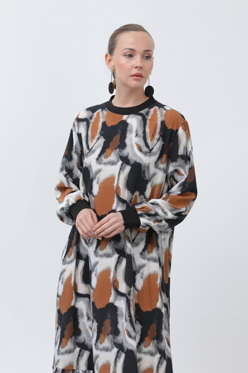 Women's Ribbed Collar Patterned Dress - 12606ELB