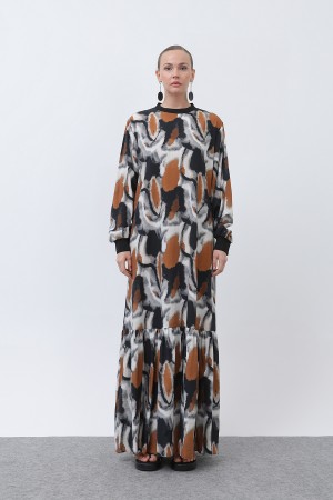 Women's Ribbed Collar Patterned Dress - 12606ELB