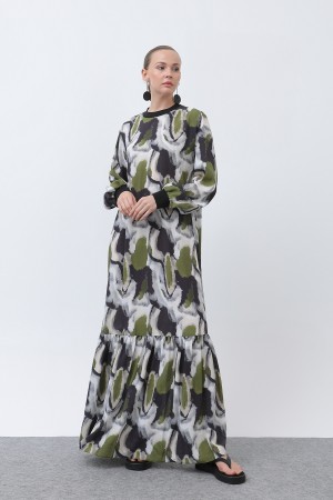 Women's Ribbed Collar Patterned Dress - 12606ELB
