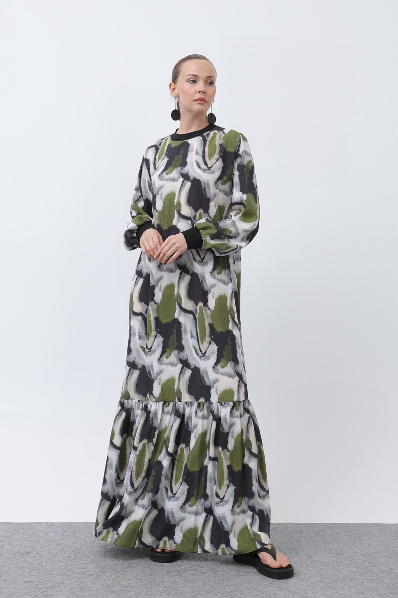 Women's Ribbed Collar Patterned Dress - 12606ELB