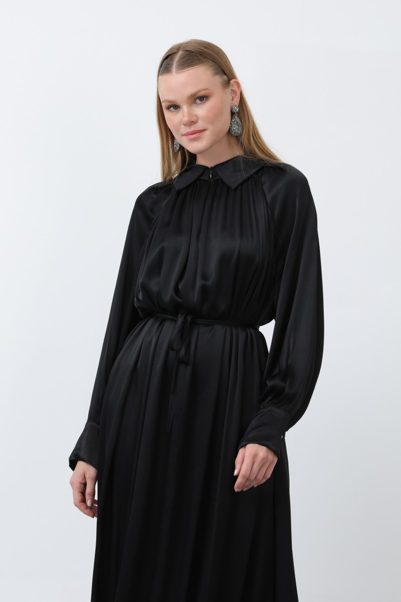 Women's Front Zipper Drape Detail Lace-Up Dress - 12607ELB Women's Front Zipper Drape Detail Lace-Up Dress - 12607ELB