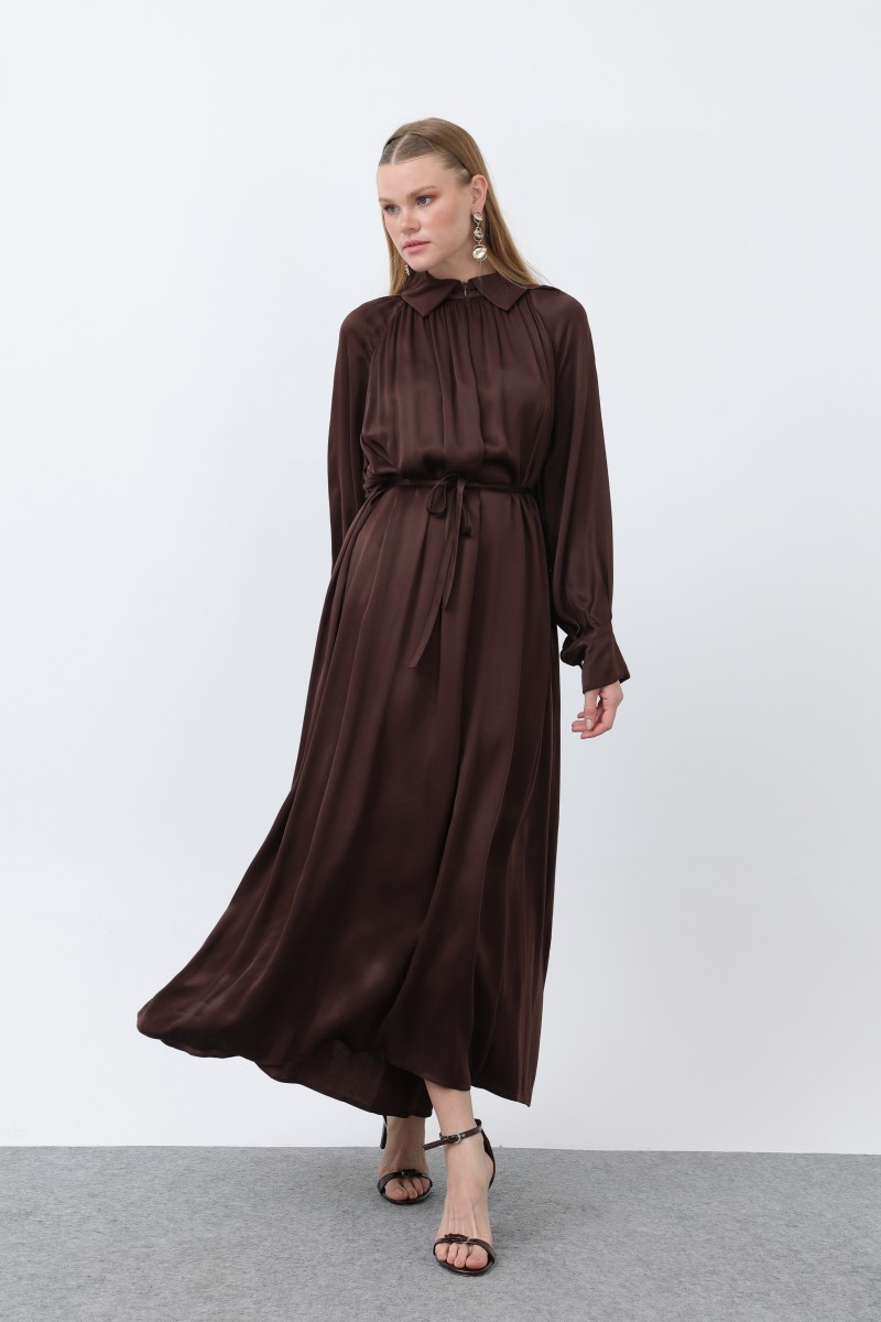 Kadın Önü Fermuar Drape Detaylı Bağcıklı Elbise - 12607ELB Kadın Önü Fermuar Drape Detaylı Bağcıklı Elbise - 12607ELB