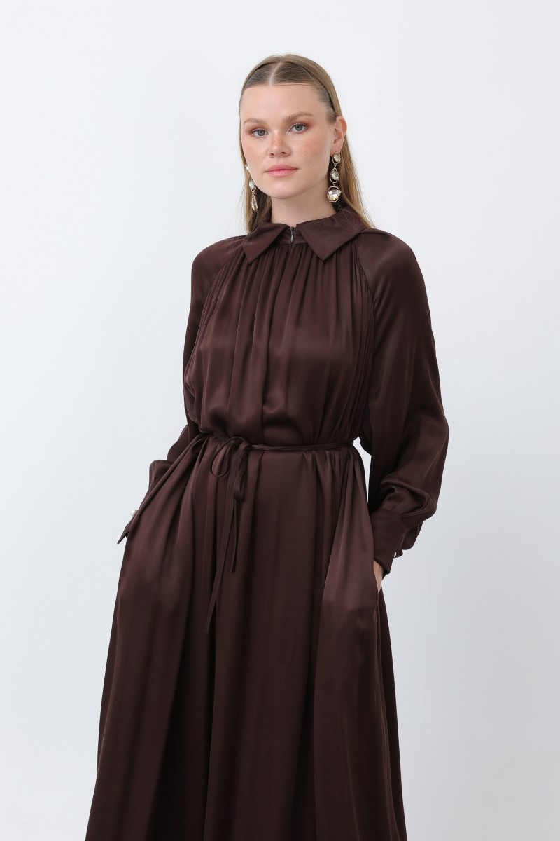 Kadın Önü Fermuar Drape Detaylı Bağcıklı Elbise - 12607ELB Kadın Önü Fermuar Drape Detaylı Bağcıklı Elbise - 12607ELB