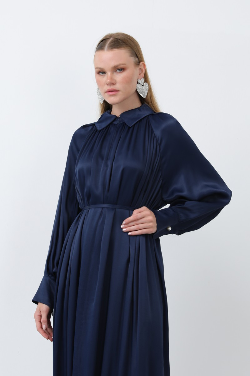 Kadın Önü Fermuar Drape Detaylı Bağcıklı Elbise - 12607ELB Kadın Önü Fermuar Drape Detaylı Bağcıklı Elbise - 12607ELB