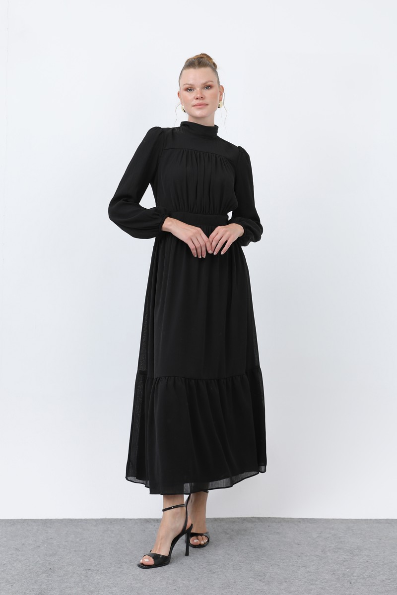 Kadın Drape Detaylı Yüksek Yaka Elbise - 12613ELB Kadın Drape Detaylı Yüksek Yaka Elbise - 12613ELB