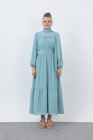 Kadın Drape Detaylı Yüksek Yaka Elbise - 12613ELB Kadın Drape Detaylı Yüksek Yaka Elbise - 12613ELB