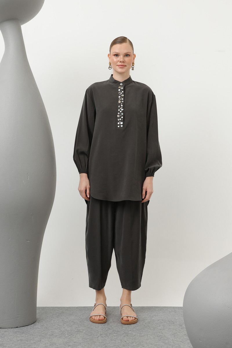 Women's Trouser Suit with Seashell Embroidered Placket - 14307TKS Women's Trouser Suit with Seashell Embroidered Placket - 14307TKS