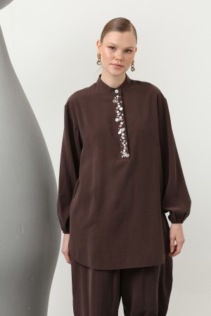 Women's Trouser Suit with Seashell Embroidered Placket - 14307TKS Women's Trouser Suit with Seashell Embroidered Placket - 14307TKS