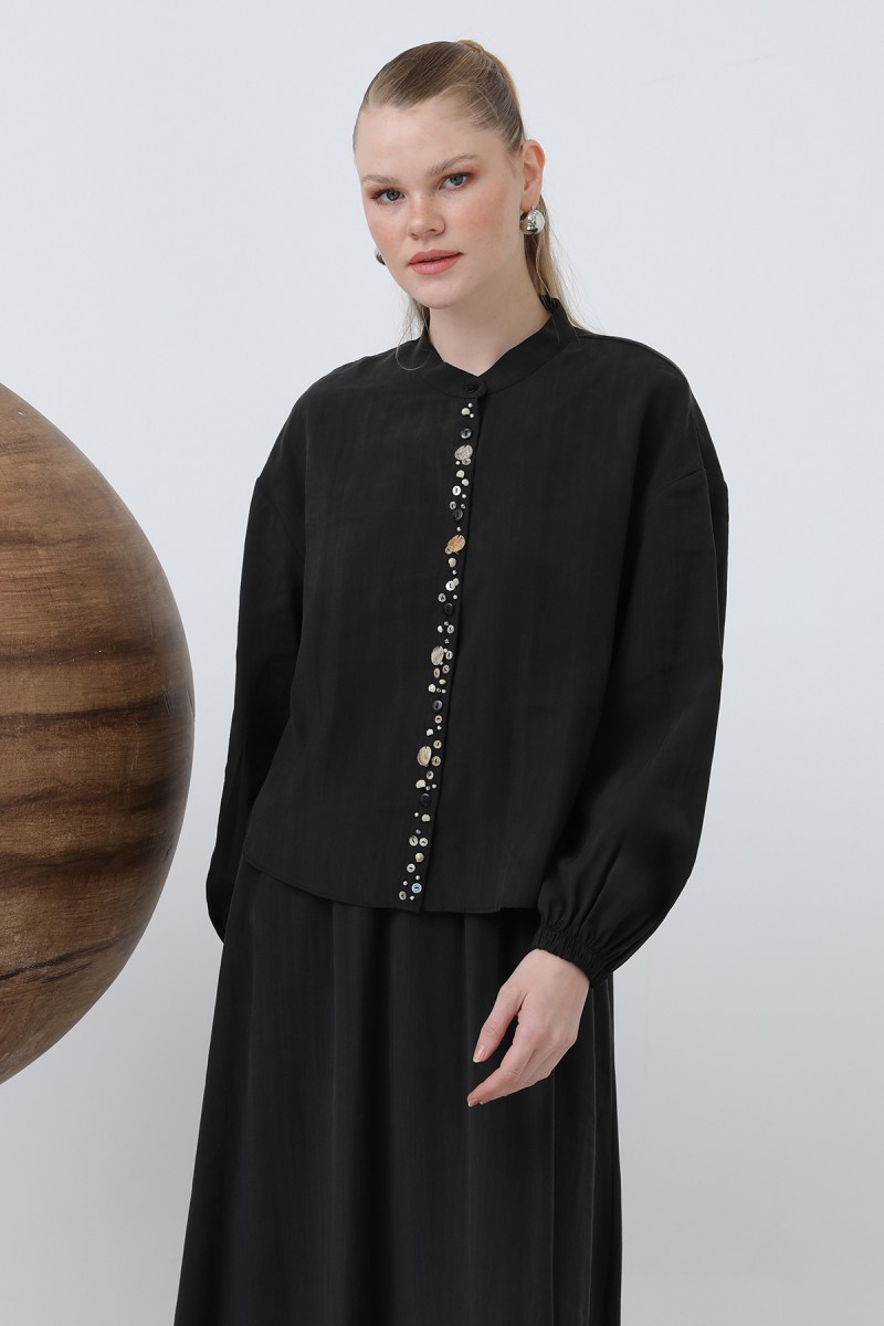 Women's Placket Part Seashell Embroidered Baby Collar Skirt Suit - 14308TKS Women's Placket Part Seashell Embroidered Baby Collar Skirt Suit - 14308TKS