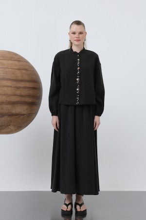 Women's Placket Part Seashell Embroidered Baby Collar Skirt Suit - 14308TKS Women's Placket Part Seashell Embroidered Baby Collar Skirt Suit - 14308TKS