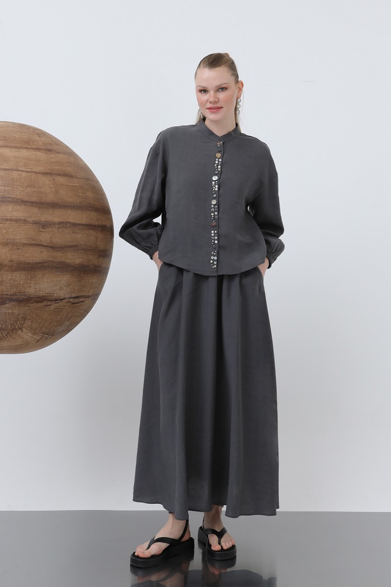 Women's Placket Part Seashell Embroidered Baby Collar Skirt Suit - 14308TKS Women's Placket Part Seashell Embroidered Baby Collar Skirt Suit - 14308TKS