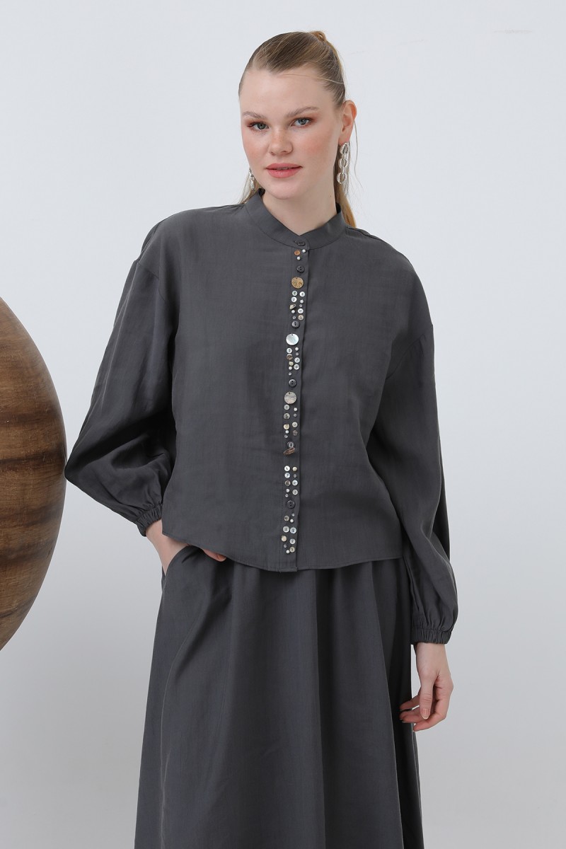 Women's Placket Part Seashell Embroidered Baby Collar Skirt Suit - 14308TKS Women's Placket Part Seashell Embroidered Baby Collar Skirt Suit - 14308TKS