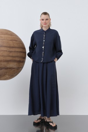 Women's Placket Part Seashell Embroidered Baby Collar Skirt Suit - 14308TKS Women's Placket Part Seashell Embroidered Baby Collar Skirt Suit - 14308TKS