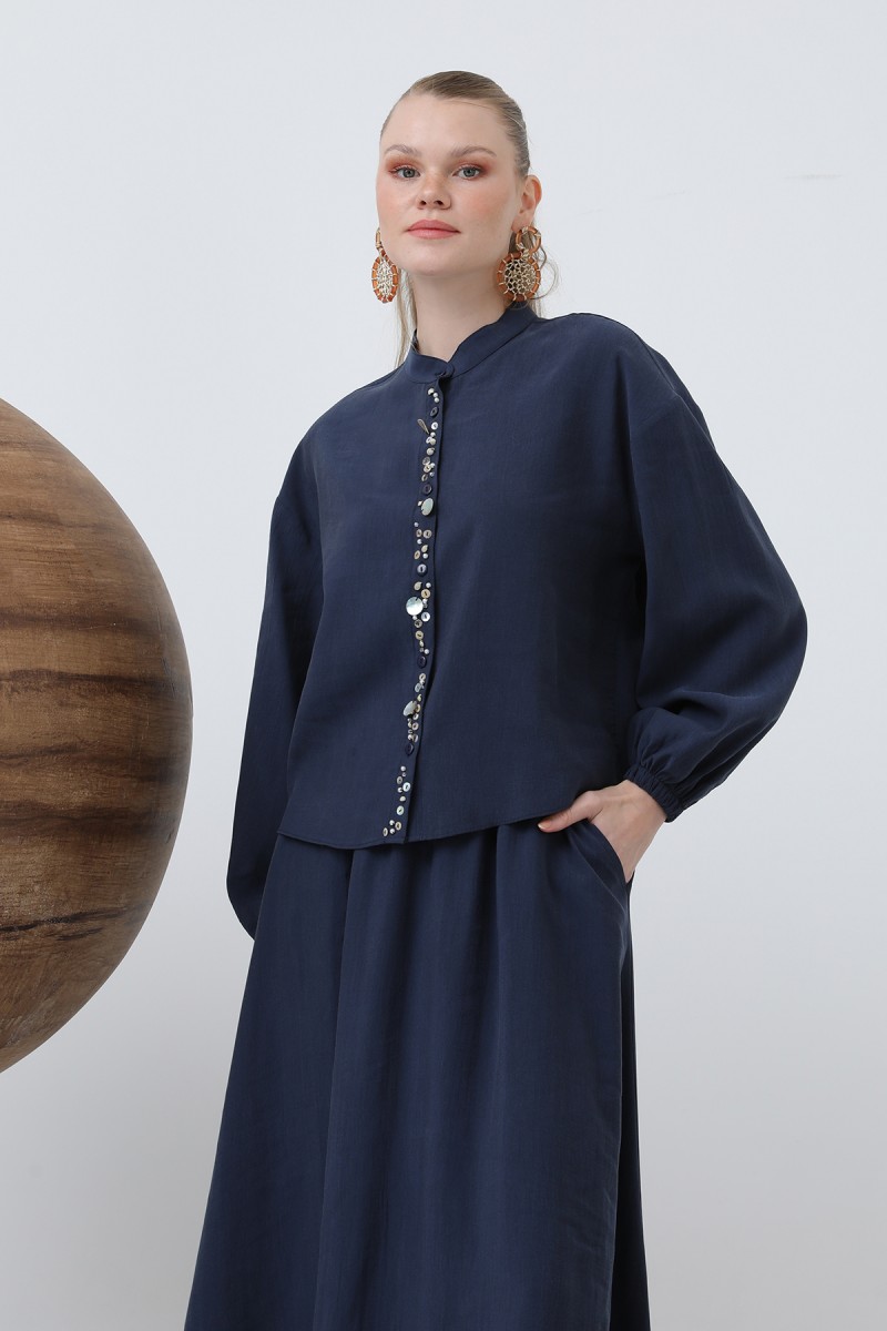 Women's Placket Part Seashell Embroidered Baby Collar Skirt Suit - 14308TKS Women's Placket Part Seashell Embroidered Baby Collar Skirt Suit - 14308TKS