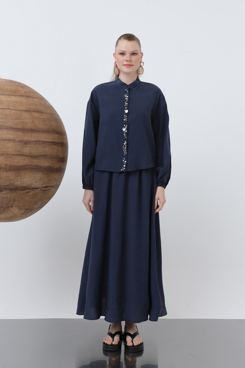 Women's Placket Part Seashell Embroidered Baby Collar Skirt Suit - 14308TKS Women's Placket Part Seashell Embroidered Baby Collar Skirt Suit - 14308TKS
