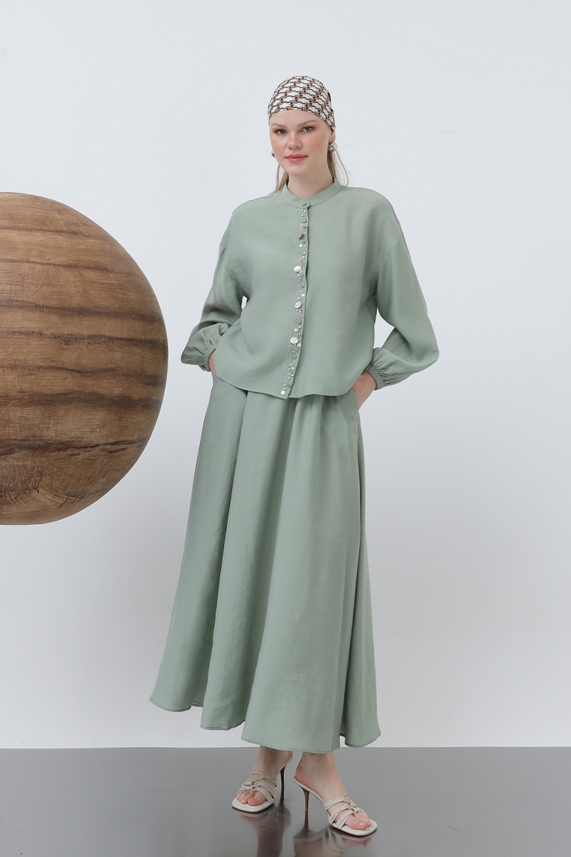 Women's Placket Part Seashell Embroidered Baby Collar Skirt Suit - 14308TKS Women's Placket Part Seashell Embroidered Baby Collar Skirt Suit - 14308TKS