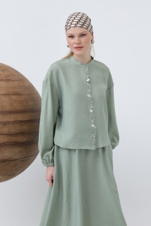 Women's Placket Part Seashell Embroidered Baby Collar Skirt Suit - 14308TKS Women's Placket Part Seashell Embroidered Baby Collar Skirt Suit - 14308TKS