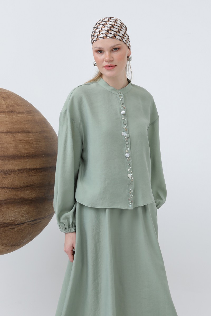 Women's Placket Part Seashell Embroidered Baby Collar Skirt Suit - 14308TKS Women's Placket Part Seashell Embroidered Baby Collar Skirt Suit - 14308TKS