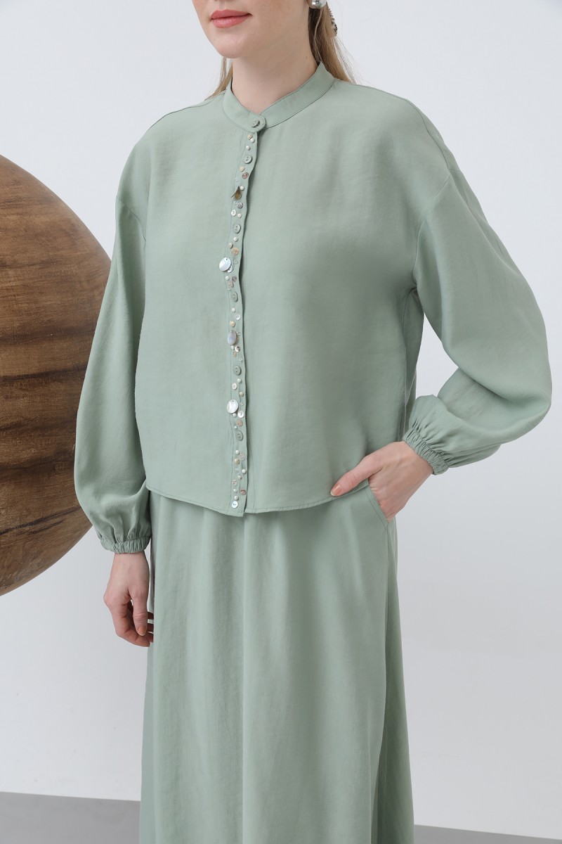 Women's Placket Part Seashell Embroidered Baby Collar Skirt Suit - 14308TKS Women's Placket Part Seashell Embroidered Baby Collar Skirt Suit - 14308TKS