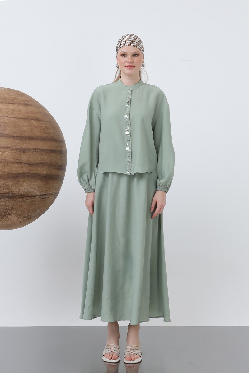 Women's Placket Part Seashell Embroidered Baby Collar Skirt Suit - 14308TKS Women's Placket Part Seashell Embroidered Baby Collar Skirt Suit - 14308TKS