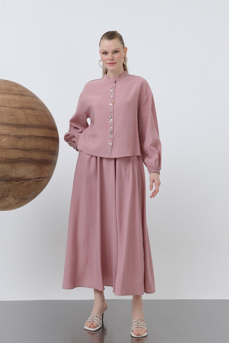Women's Placket Part Seashell Embroidered Baby Collar Skirt Suit - 14308TKS Women's Placket Part Seashell Embroidered Baby Collar Skirt Suit - 14308TKS