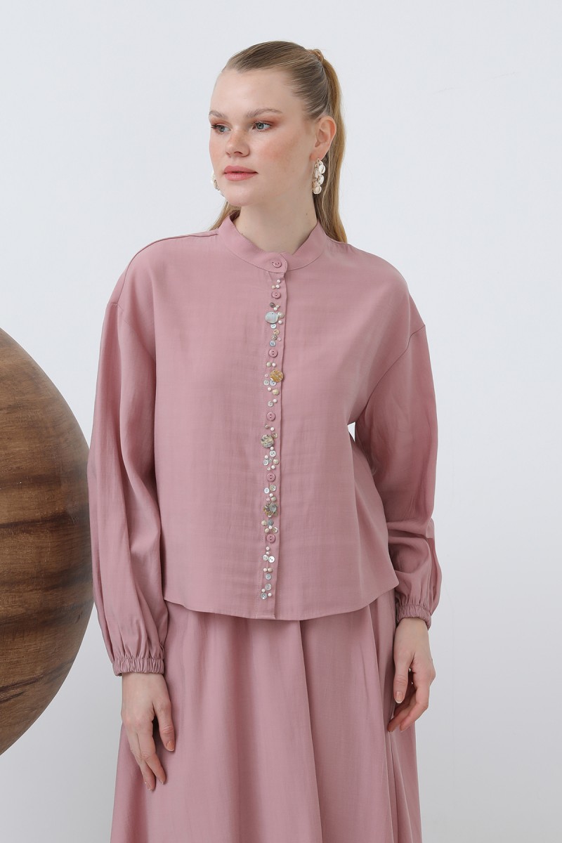 Women's Placket Part Seashell Embroidered Baby Collar Skirt Suit - 14308TKS Women's Placket Part Seashell Embroidered Baby Collar Skirt Suit - 14308TKS