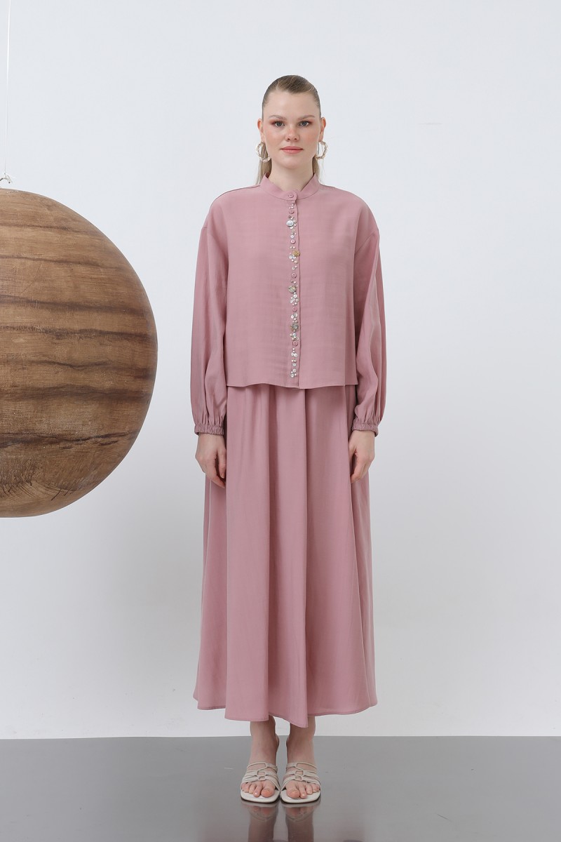 Women's Placket Part Seashell Embroidered Baby Collar Skirt Suit - 14308TKS Women's Placket Part Seashell Embroidered Baby Collar Skirt Suit - 14308TKS