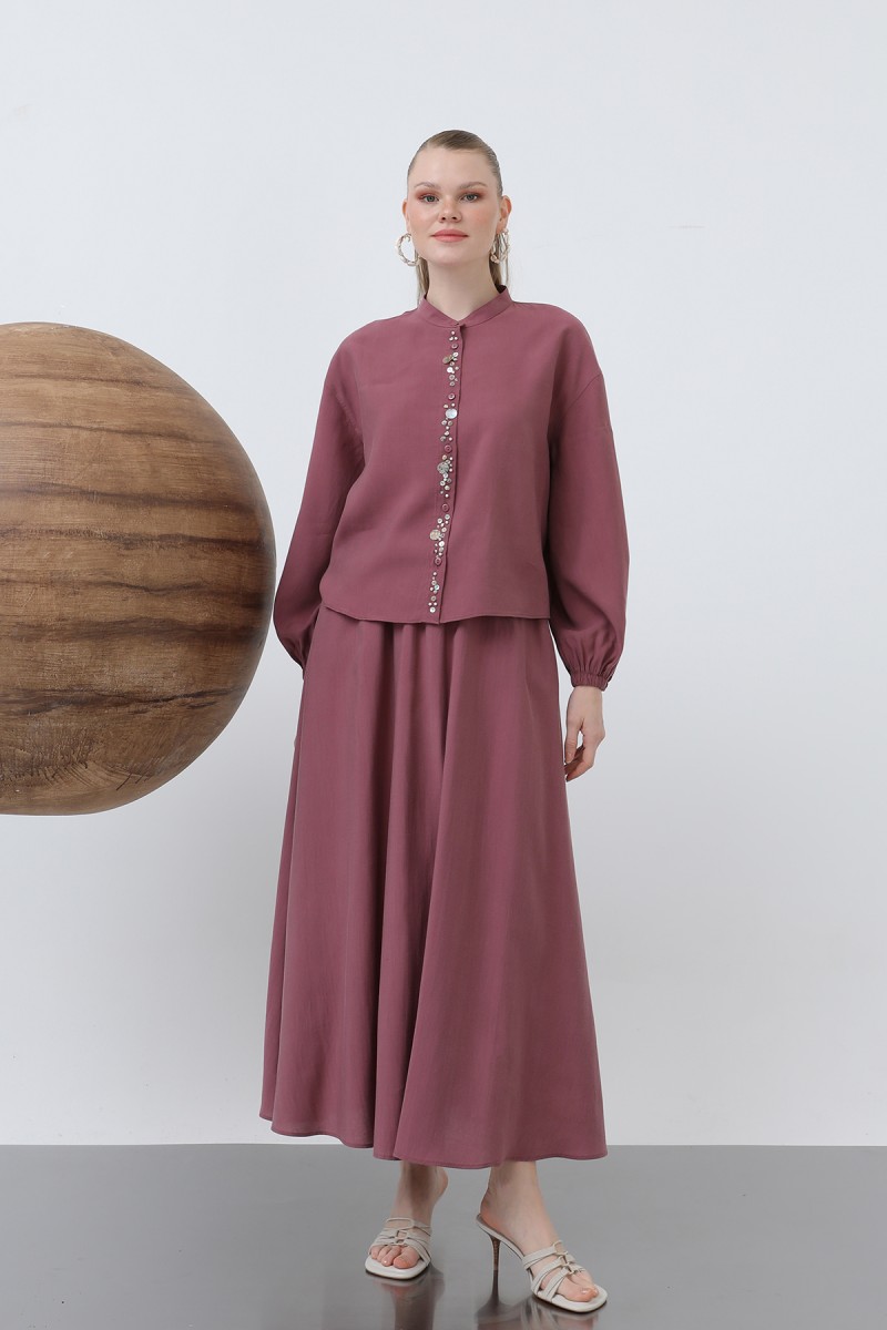 Women's Placket Part Seashell Embroidered Baby Collar Skirt Suit - 14308TKS Women's Placket Part Seashell Embroidered Baby Collar Skirt Suit - 14308TKS