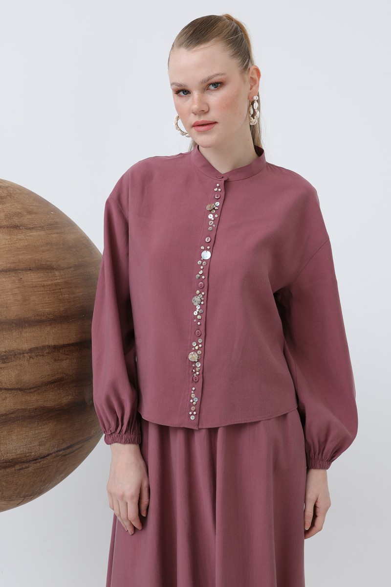 Women's Placket Part Seashell Embroidered Baby Collar Skirt Suit - 14308TKS Women's Placket Part Seashell Embroidered Baby Collar Skirt Suit - 14308TKS
