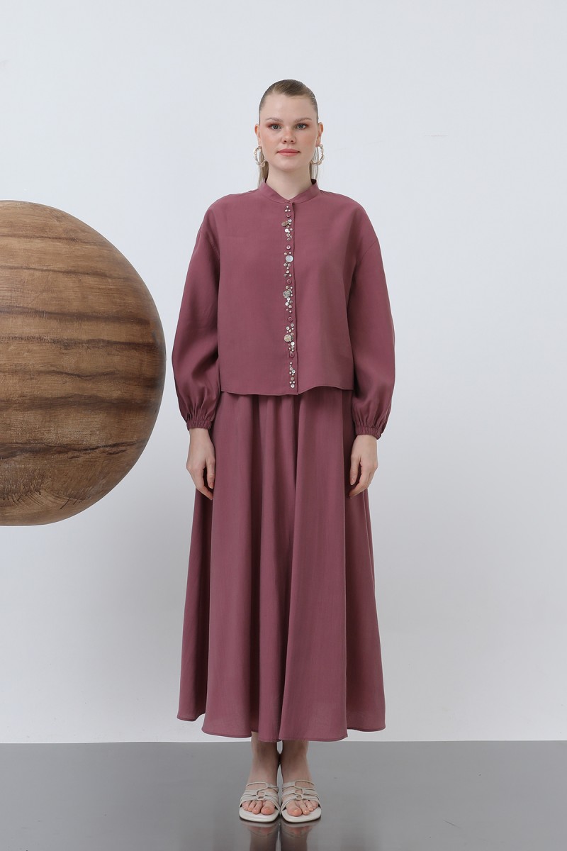Women's Placket Part Seashell Embroidered Baby Collar Skirt Suit - 14308TKS Women's Placket Part Seashell Embroidered Baby Collar Skirt Suit - 14308TKS