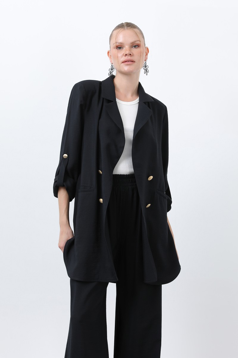 Kadın Düğme Detaylı Pantolonlu Blazer Ceket Takım - 14321TKM