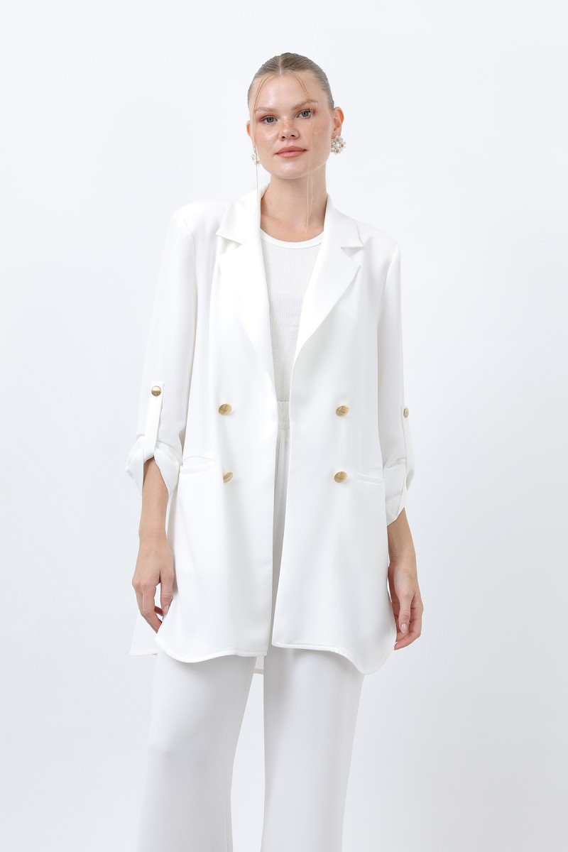 Kadın Düğme Detaylı Pantolonlu Blazer Ceket Takım - 14321TKM