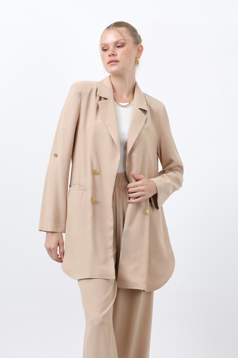 Kadın Düğme Detaylı Pantolonlu Blazer Ceket Takım - 14321TKM