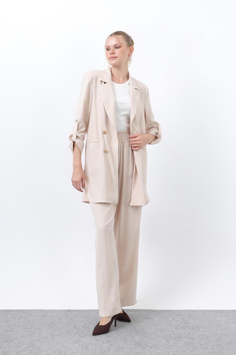 Kadın Düğme Detaylı Pantolonlu Blazer Ceket Takım - 14321TKM