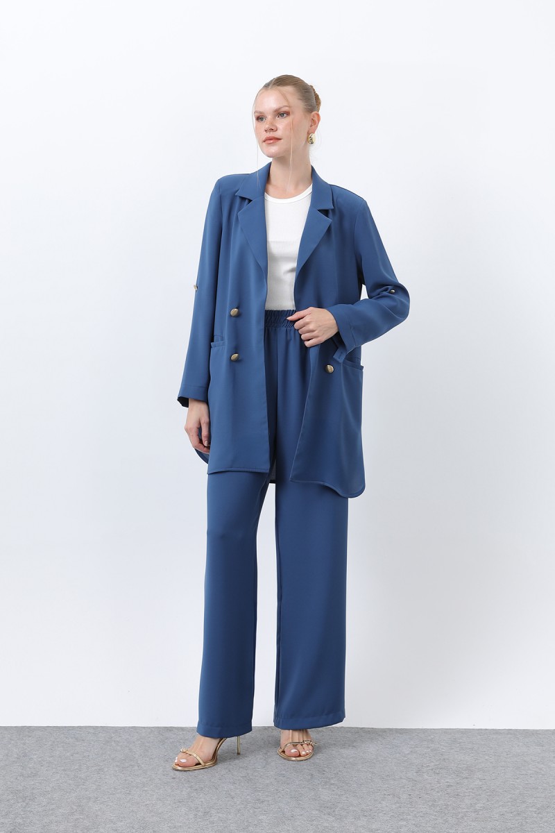 Kadın Düğme Detaylı Pantolonlu Blazer Ceket Takım - 14321TKM