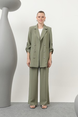 Kadın Düğme Detaylı Pantolonlu Blazer Ceket Takım - 14321TKM