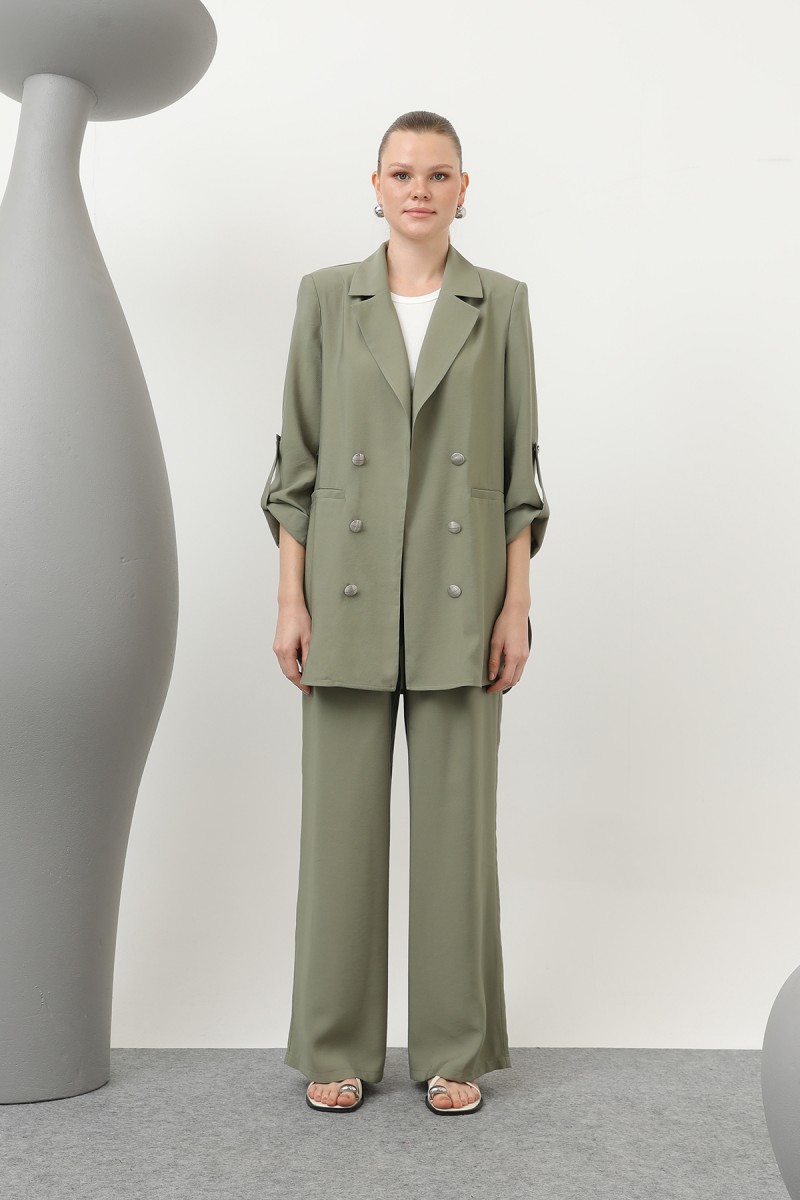Kadın Düğme Detaylı Pantolonlu Blazer Ceket Takım - 14321TKM