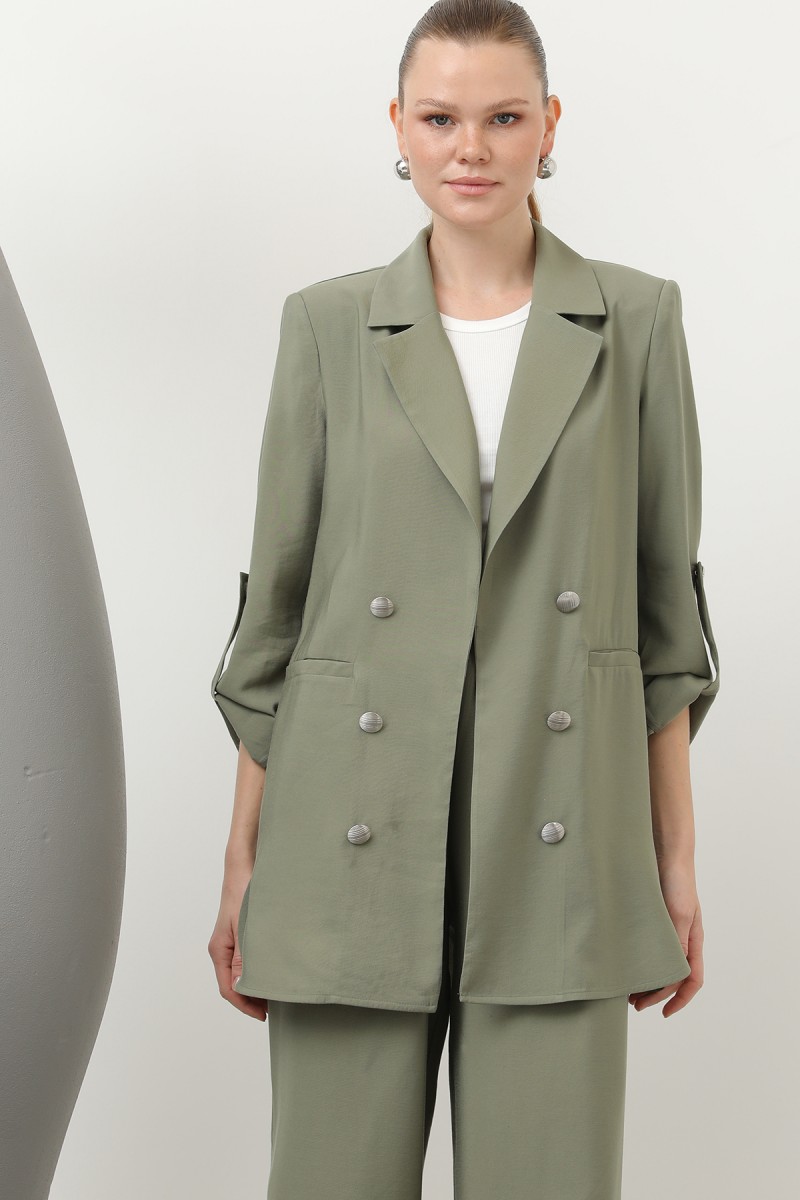 Kadın Düğme Detaylı Pantolonlu Blazer Ceket Takım - 14321TKM