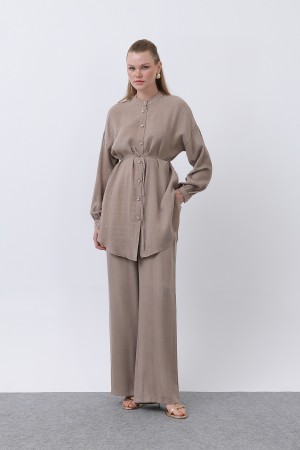 Women's Mandarin Collar and Button Detailed Trouser Suit - 14329TKS