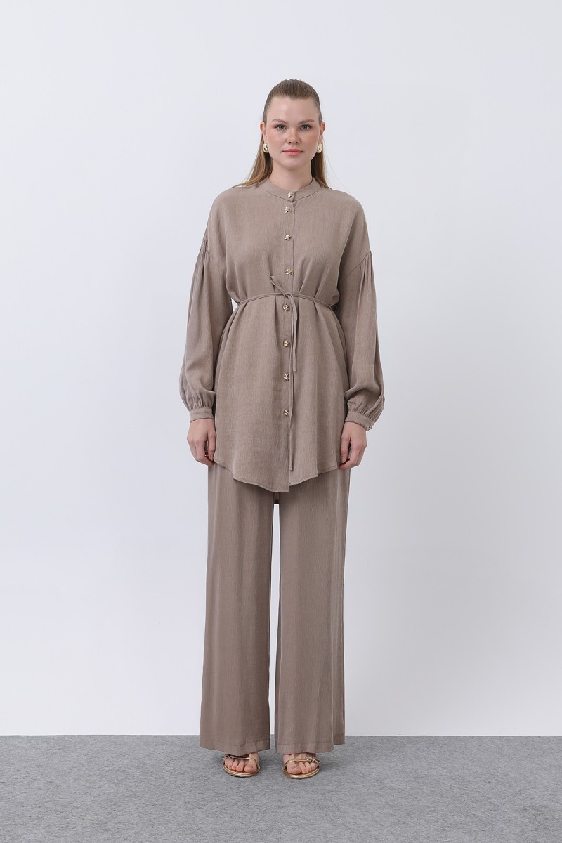Women's Mandarin Collar and Button Detailed Trouser Suit - 14329TKS