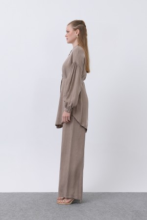 Women's Mandarin Collar and Button Detailed Trouser Suit - 14329TKS
