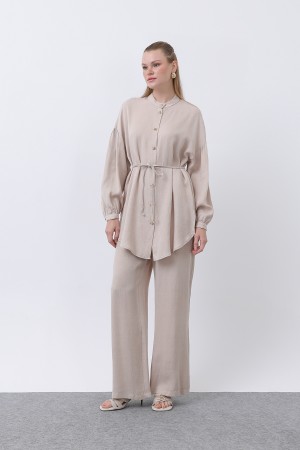 Women's Mandarin Collar and Button Detailed Trouser Suit - 14329TKS