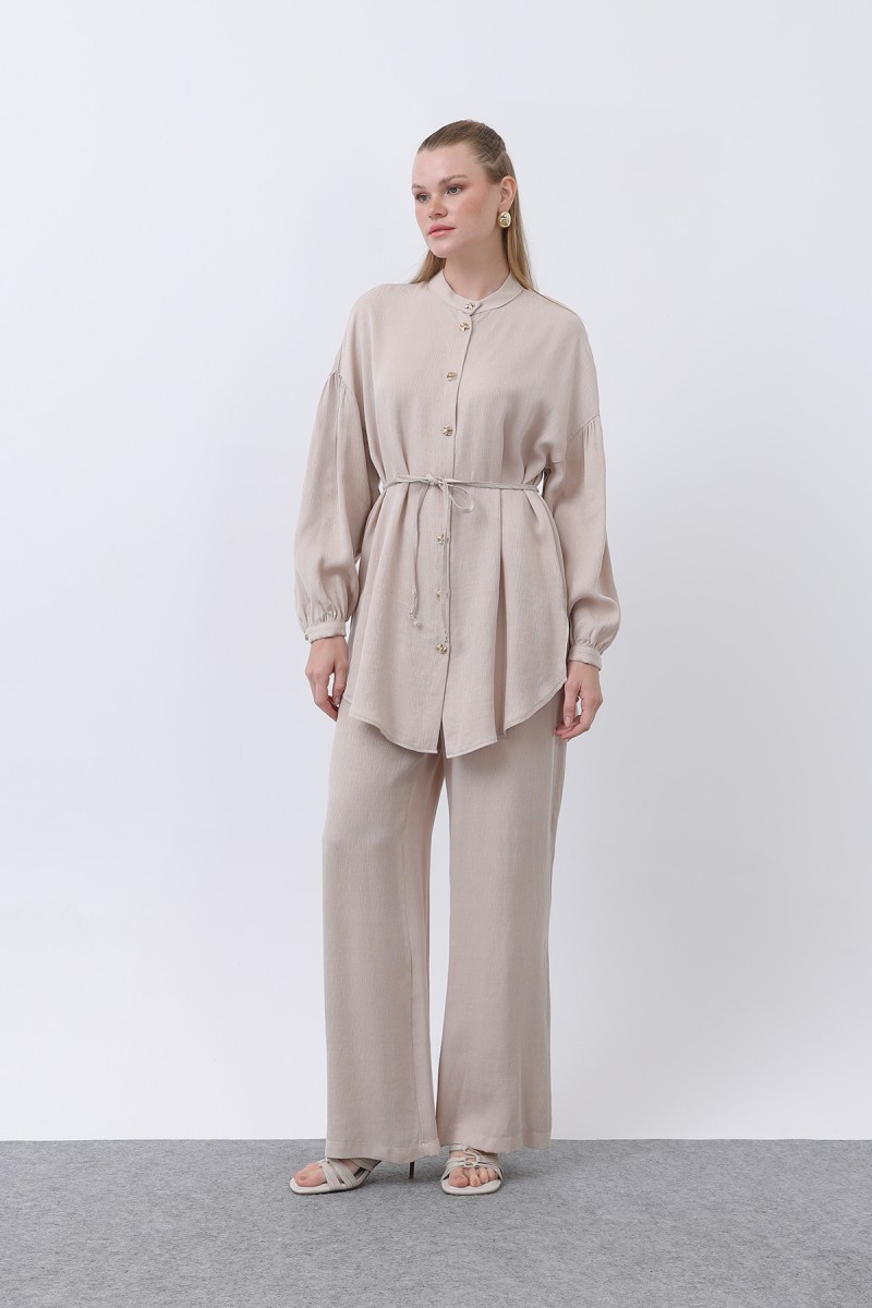 Women's Mandarin Collar and Button Detailed Trouser Suit - 14329TKS