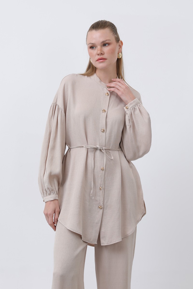 Women's Mandarin Collar and Button Detailed Trouser Suit - 14329TKS