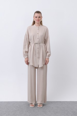Women's Mandarin Collar and Button Detailed Trouser Suit - 14329TKS