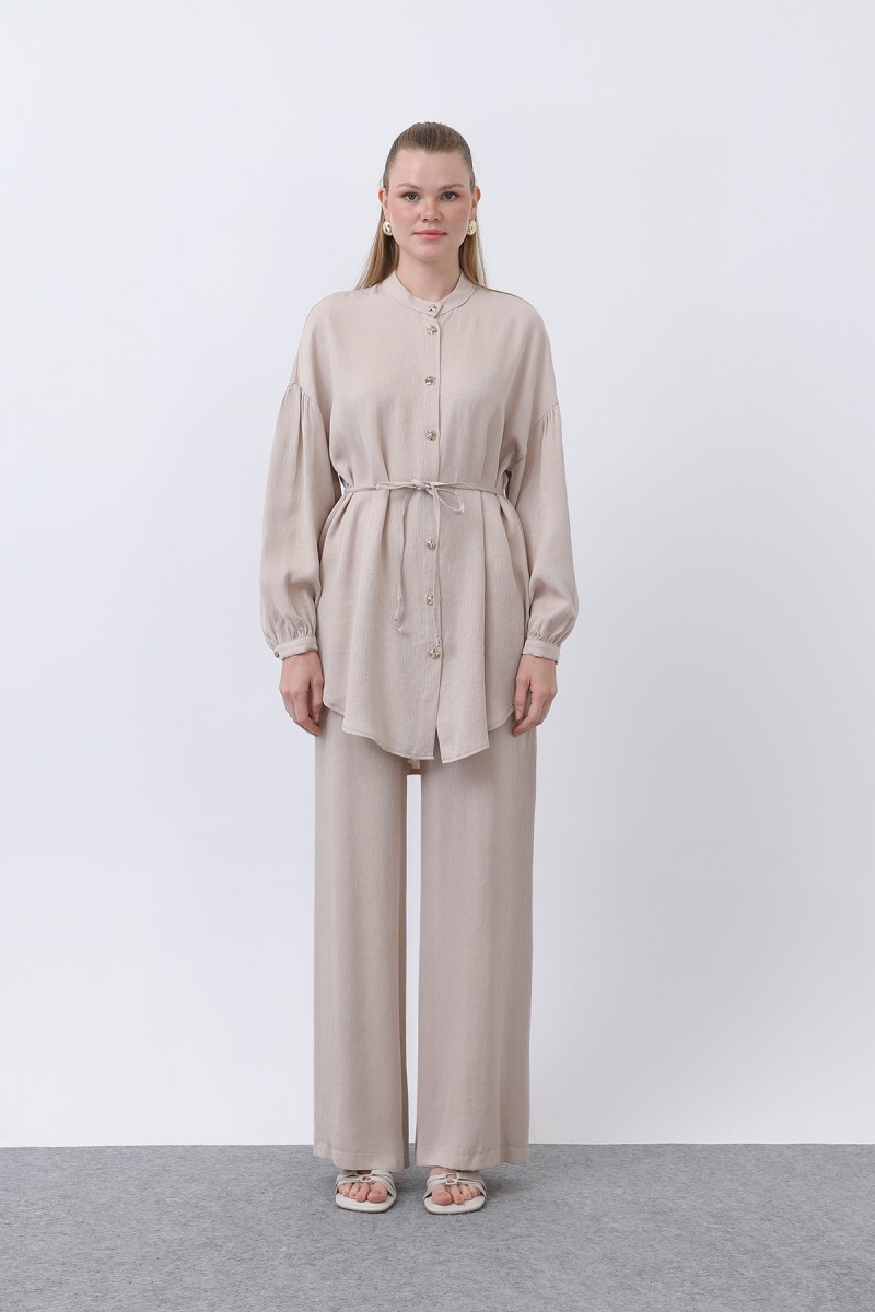 Women's Mandarin Collar and Button Detailed Trouser Suit - 14329TKS