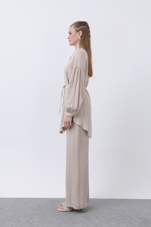 Women's Mandarin Collar and Button Detailed Trouser Suit - 14329TKS